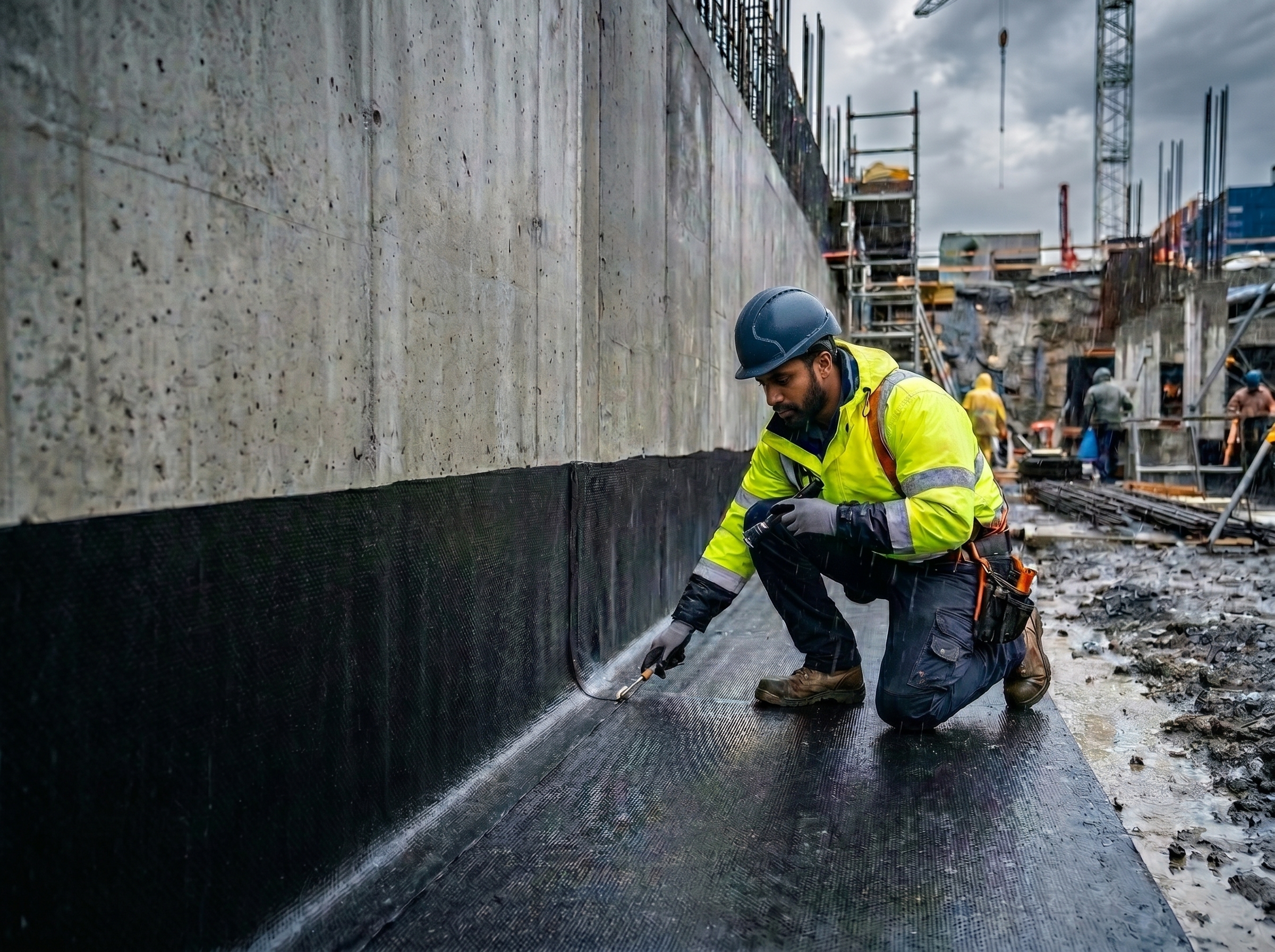 waterproofing application on retaining wall